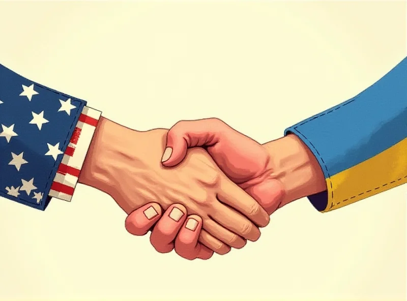 Illustration depicting a handshake between the United States and Ukraine, but with a strained and uncertain expression.