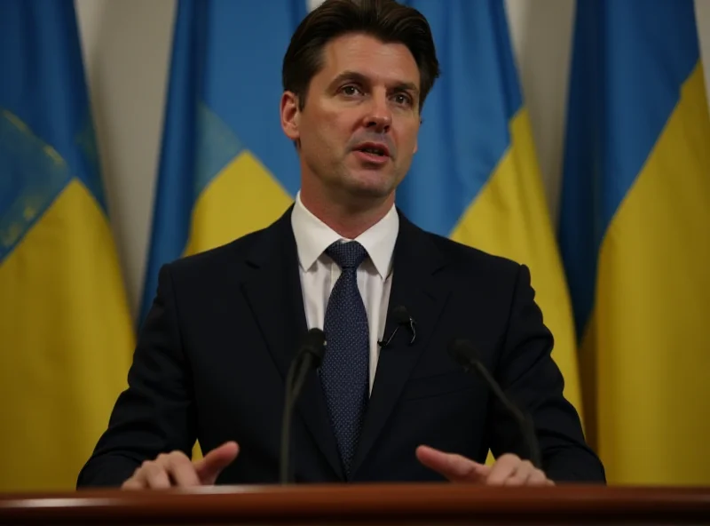 President Zelensky giving a press conference, standing at a podium with Ukrainian flags in the background. He appears determined and focused, addressing the audience directly.