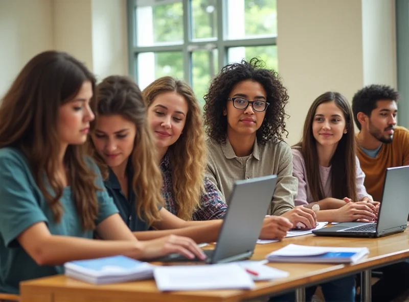 A diverse group of high school students sitting in a classroom. They are engaged in a discussion, with books and laptops on their desks. The atmosphere is collaborative and inclusive, representing the ideals of a well-functioning education system.