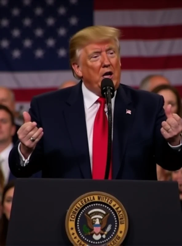 Donald Trump speaking at a podium with the American flag in the background.