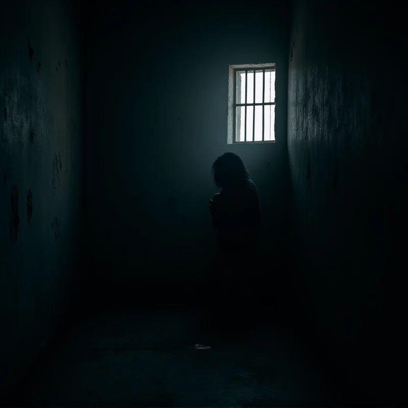 A dimly lit prison cell with a barred window. Focus on a person huddled in the corner.