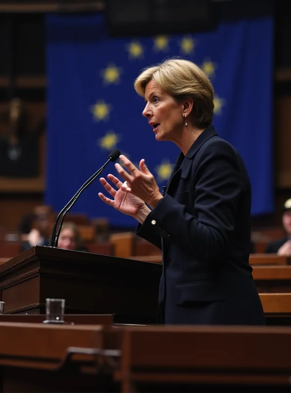 Ursula von der Leyen addressing the European Parliament, outlining the plan to strengthen European armies.