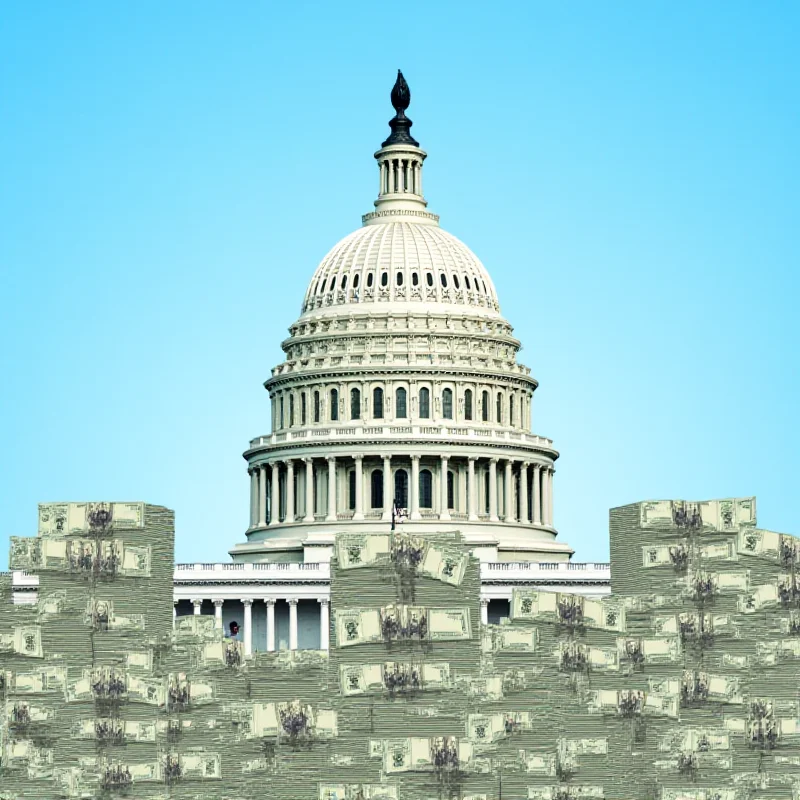 A graphic illustrating the sum of 500 billion dollars in stacks of money, with the US Capitol building in the background.