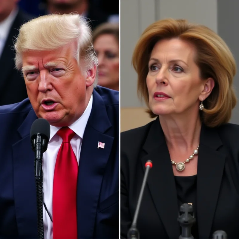 Split image. On the left, a determined Donald Trump at a rally. On the right, a thoughtful Ursula von der Leyen at a conference.