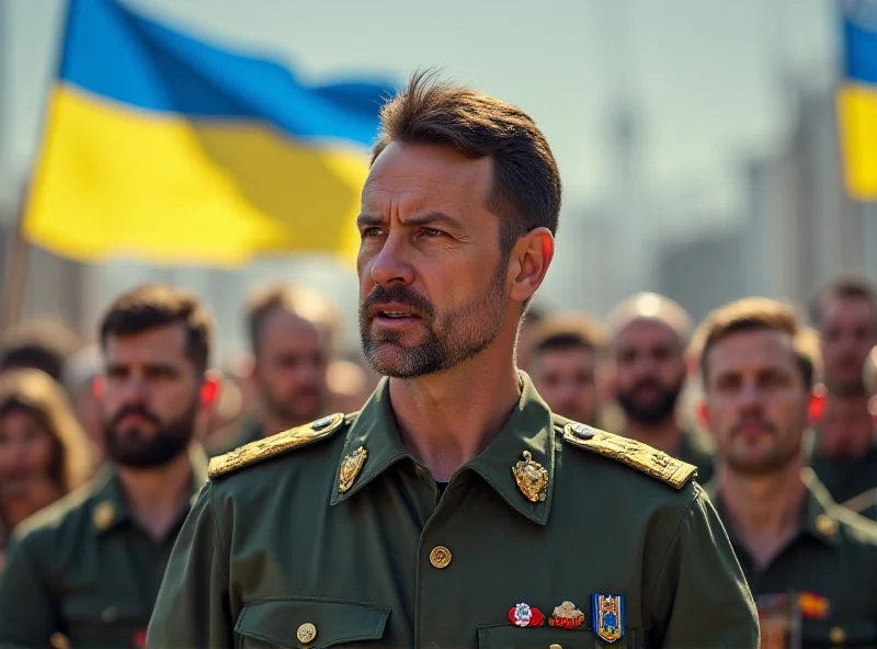 President Zelensky addressing a crowd, looking determined, Ukrainian flag in the background.