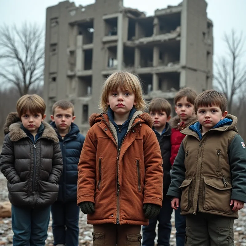 A group of Ukrainian children looking somber and worried, standing in front of a damaged building