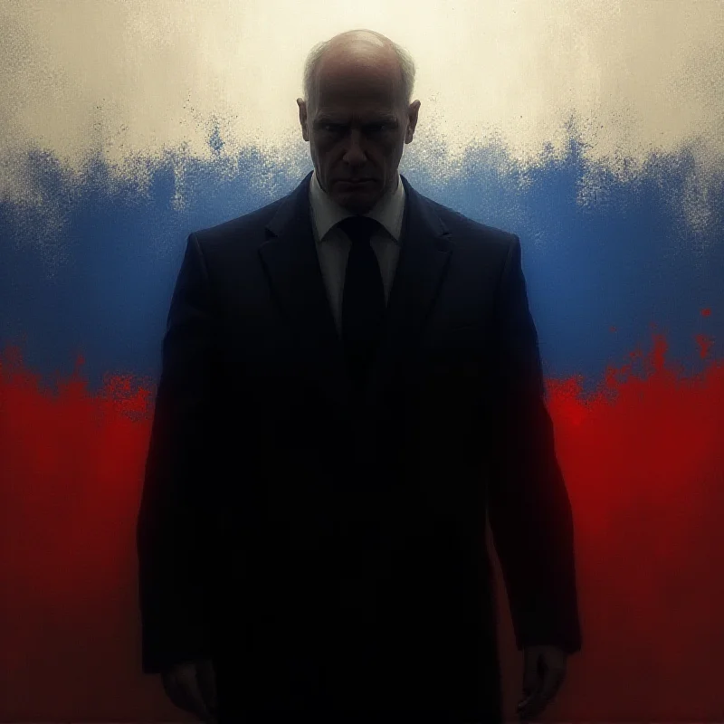 An abstract representation of an oligarch with a Russian flag in the background