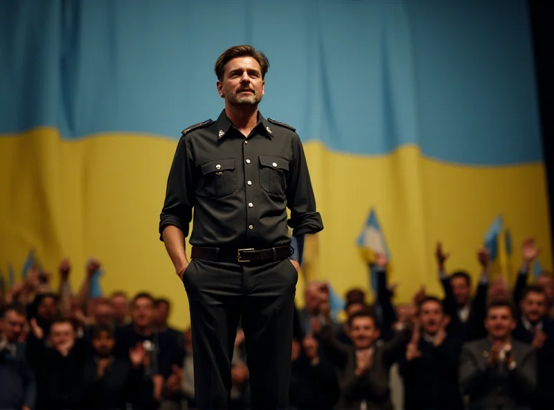 Zelensky addressing a crowd in front of the Ukrainian flag