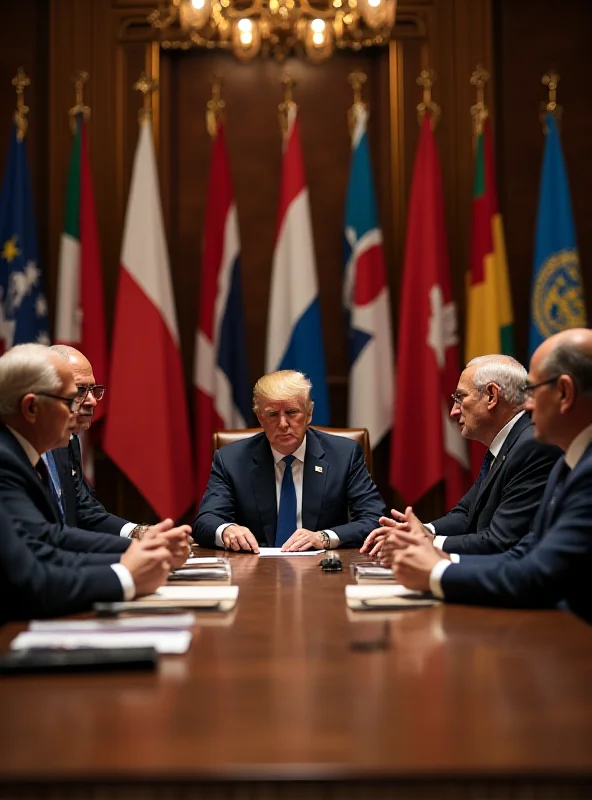 A group of world leaders at a summit, serious expressions, flags of various nations in the background