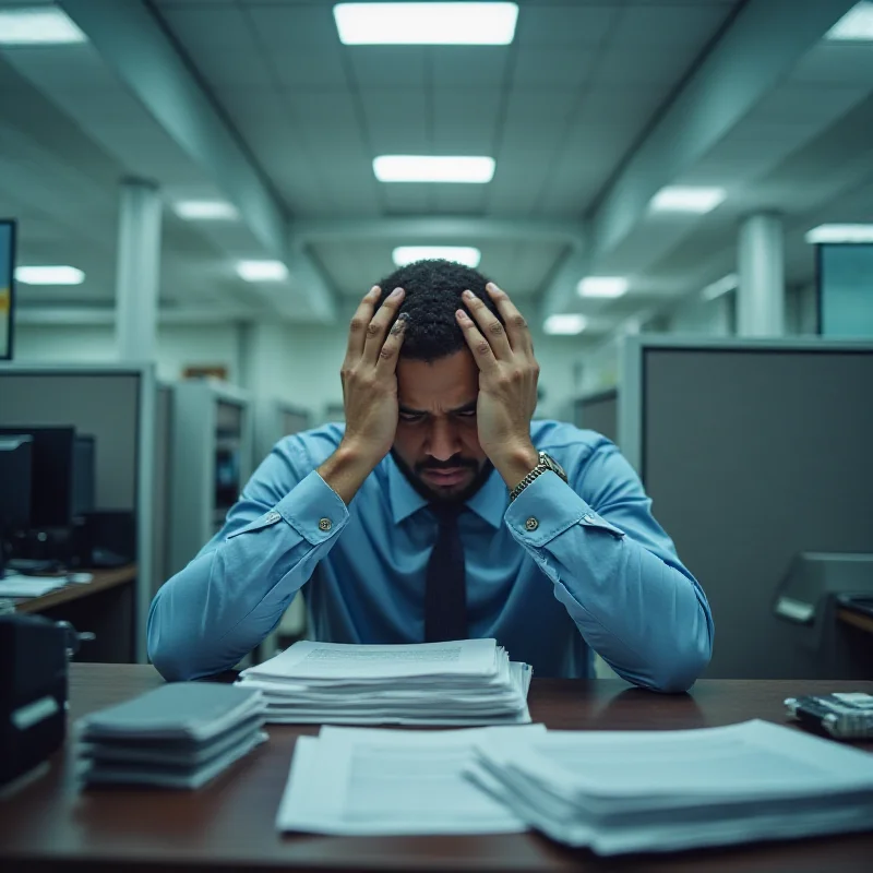 A stressed US federal worker sitting at their desk, overwhelmed by the task of justifying their job role.