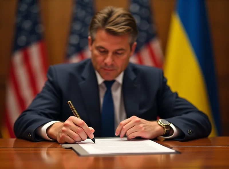 President Zelensky signing a document with the US flag in the background