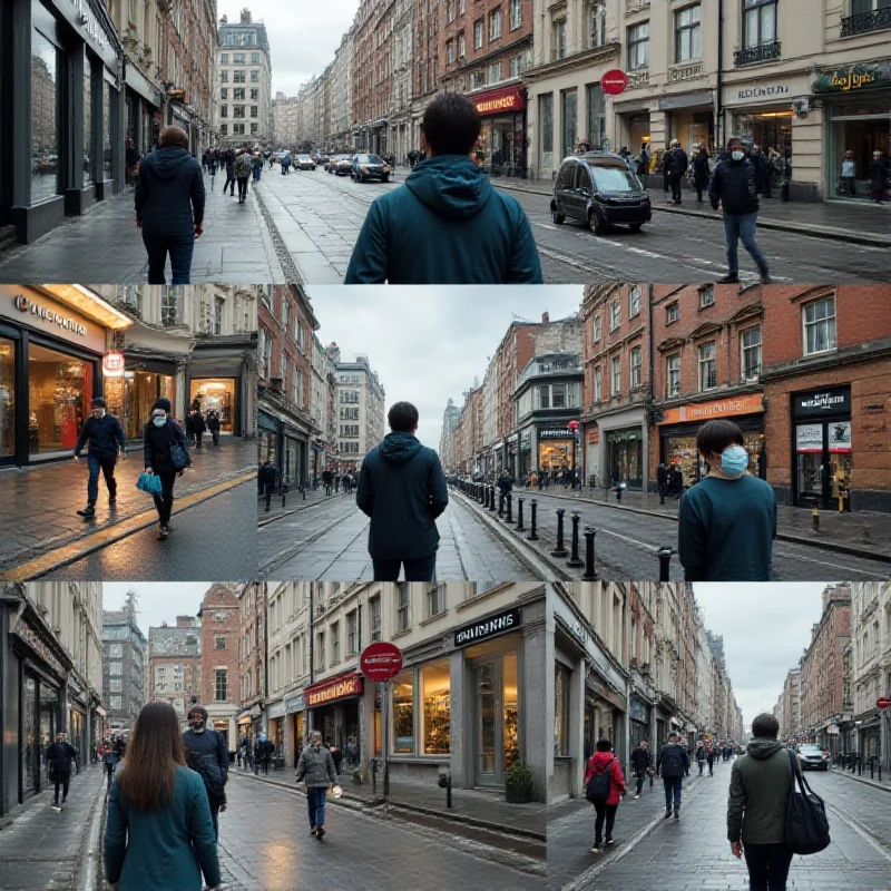 A collage of images representing various impacts of the COVID-19 pandemic, including empty streets, masked individuals, and healthcare workers.