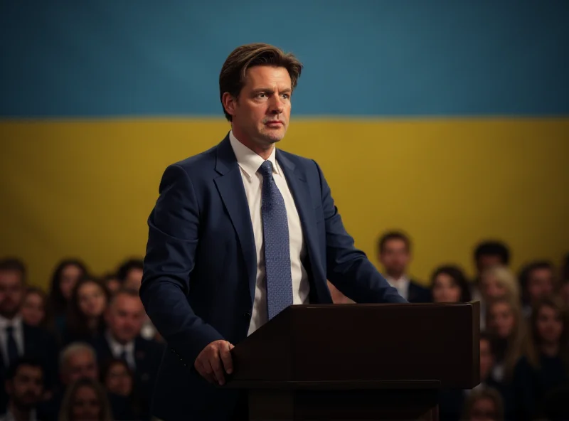 Zelensky addressing a crowd, with the Ukrainian flag in the background.