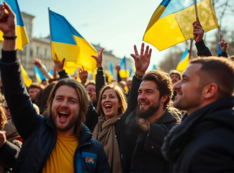 A crowd of Ukrainian citizens holding Ukrainian flags and cheering for Volodymyr Zelensky.