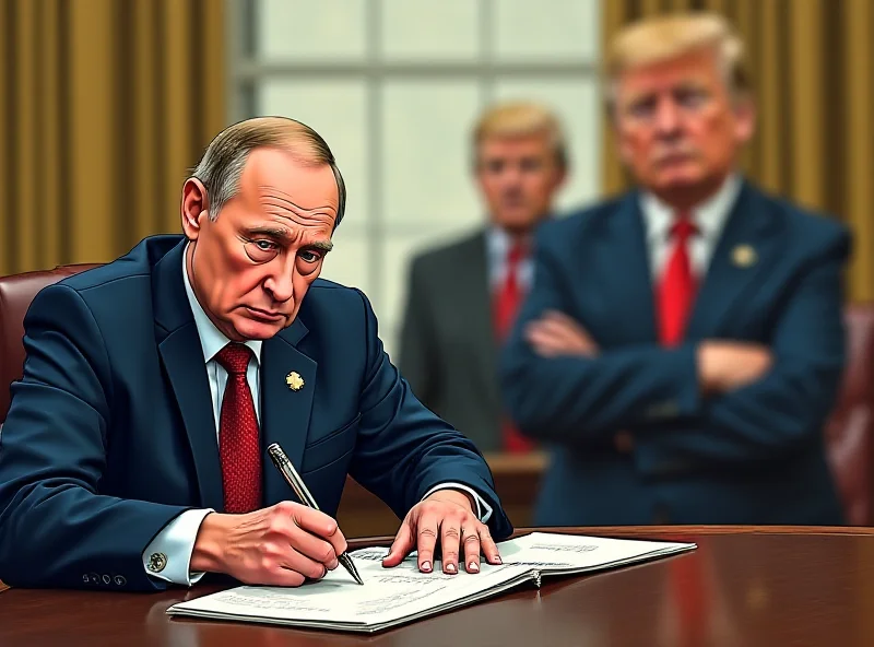 Illustration of Putin possibly writing a thank-you note to Trump with Zelensky looking dejected in the background