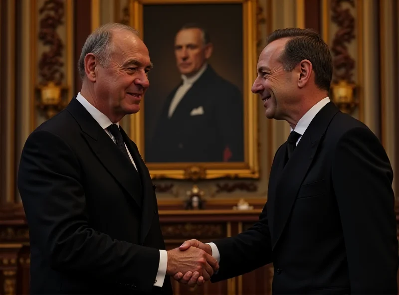 King Charles shaking hands with Zelensky in a formal setting, both men smiling slightly.