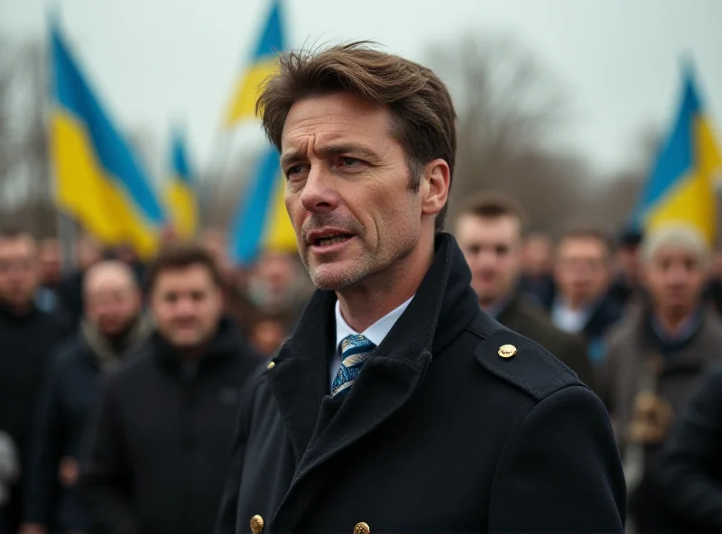 Volodymyr Zelensky addressing a crowd with a concerned expression.