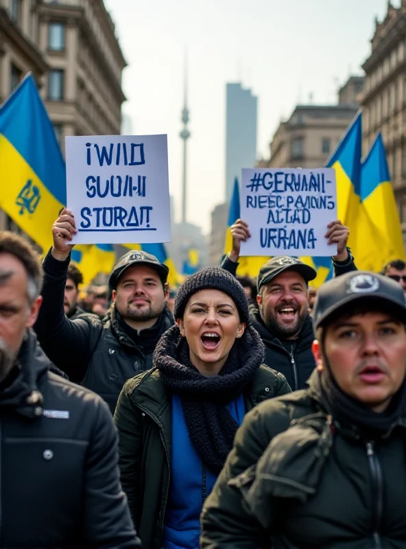 A crowd of protestors holding Ukrainian flags and signs.