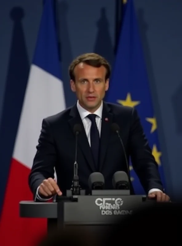 Emmanuel Macron giving a speech at a podium with the French flag in the background