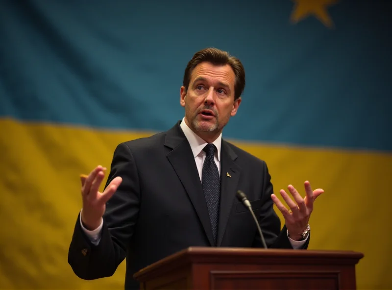 Volodymyr Zelensky giving a speech at a podium with the Ukrainian flag in the background