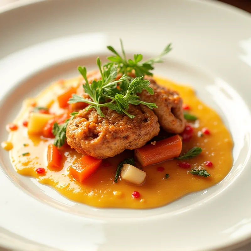 A cooked nutria dish on a plate, garnished with herbs and vegetables.