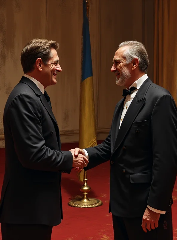 Digital painting depicting Zelensky shaking hands with King Charles at Sandringham, with subtle hints of Ukrainian and British flags in the background.