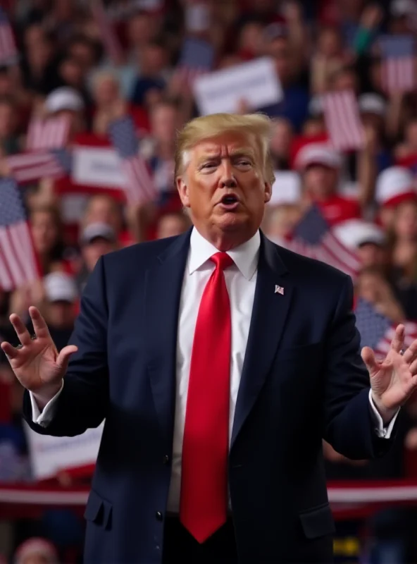 Donald Trump speaking at a rally with American flags in the background.