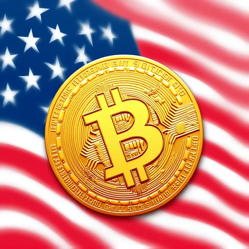 A digital illustration showing Bitcoin and Ether symbols against a backdrop of the American flag.