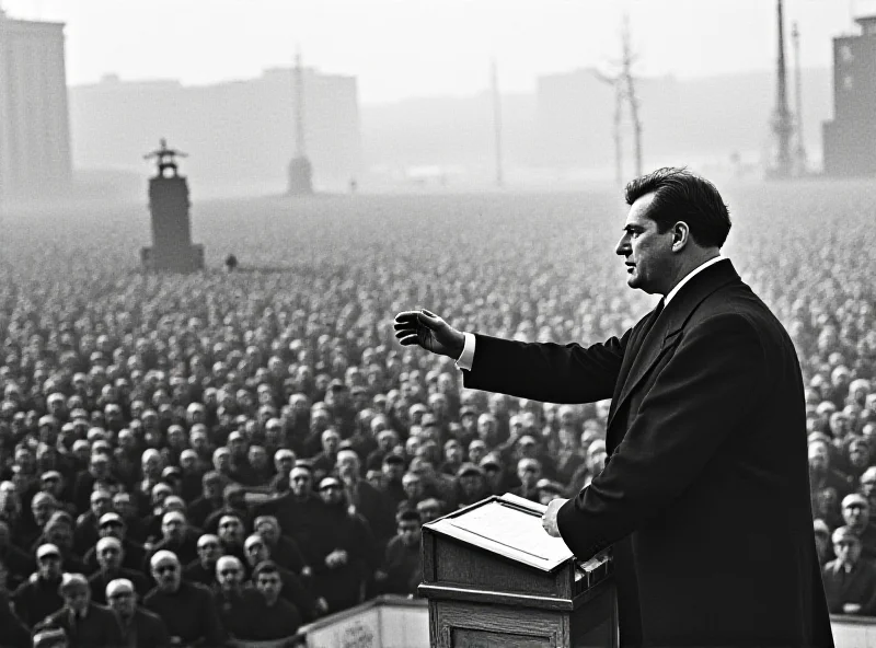 A black and white photo of Benito Mussolini giving a speech to a large crowd.