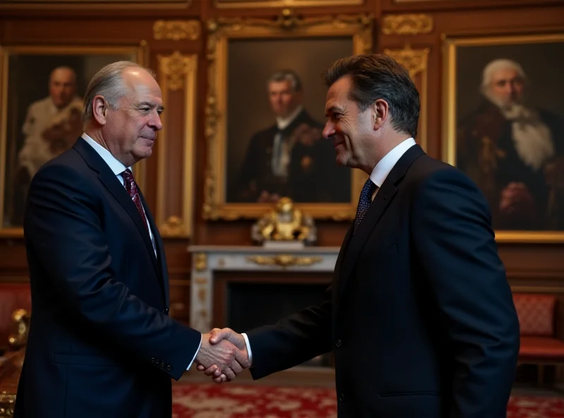 President Zelenskyy shaking hands with King Charles III at Buckingham Palace.