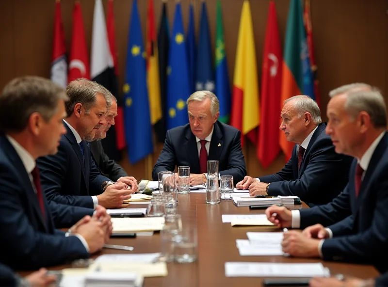 A group of European leaders in discussion at a summit, with flags of various European nations in the background.