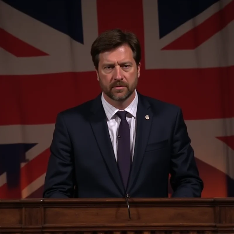 Keir Starmer speaking at a podium with the UK flag behind him