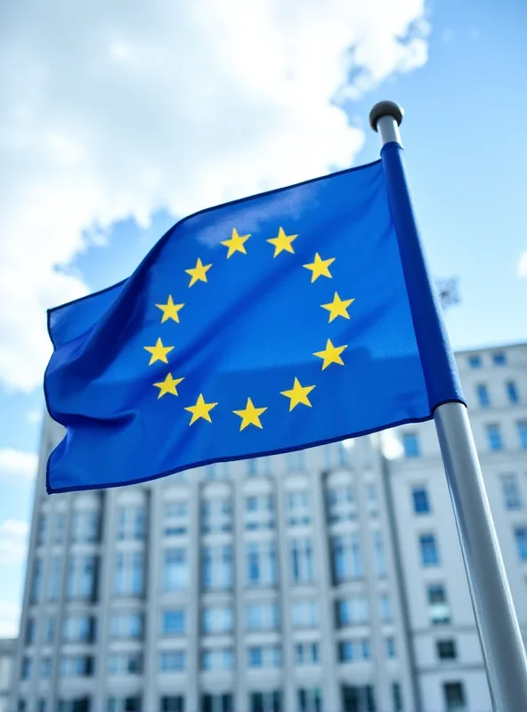 European Union flag waving in front of the Berlaymont building in Brussels