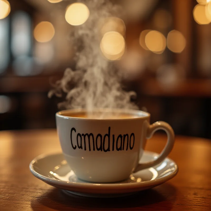 A cup of coffee with the word Canadiano written on it.