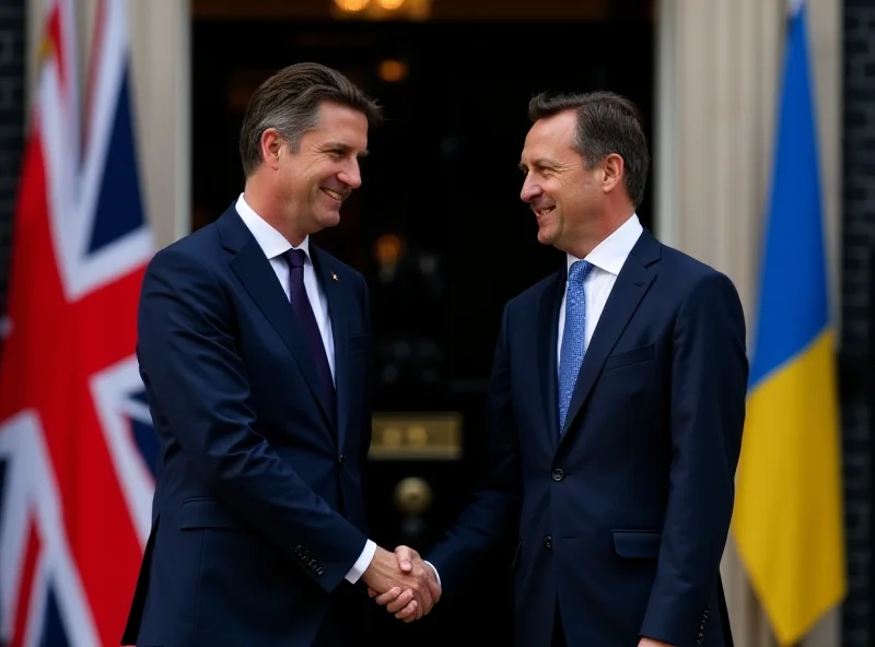 President Zelenskyy meeting with Prime Minister Starmer in Britain, shaking hands in front of flags.