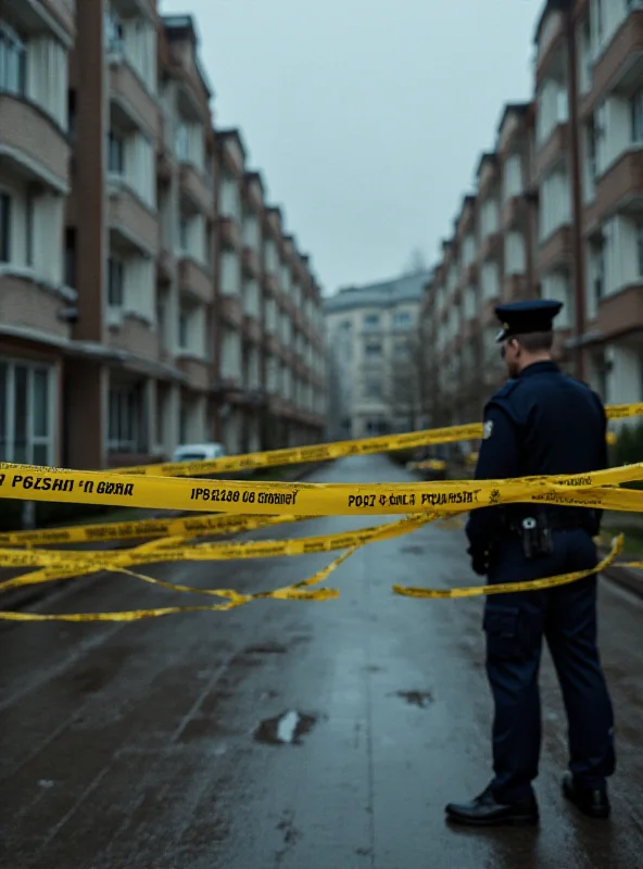 Police tape at a crime scene in Warsaw, Poland, with blurred buildings in the background.