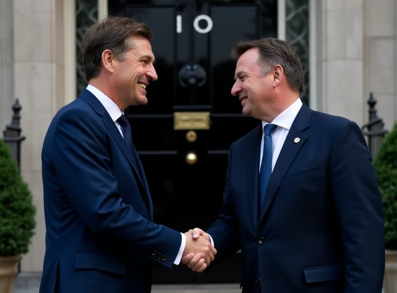 Volodymyr Zelenskyy shaking hands with Keir Starmer in front of Downing Street, London. Both men are smiling, with the iconic black door of Number 10 visible in the background.