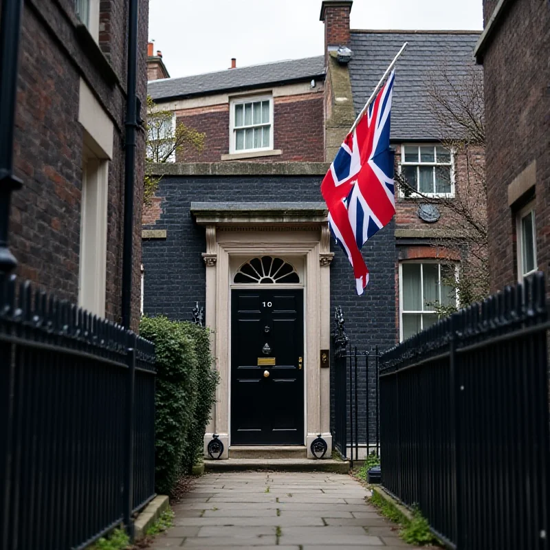 View of Downing Street with the UK flag waving in the wind.