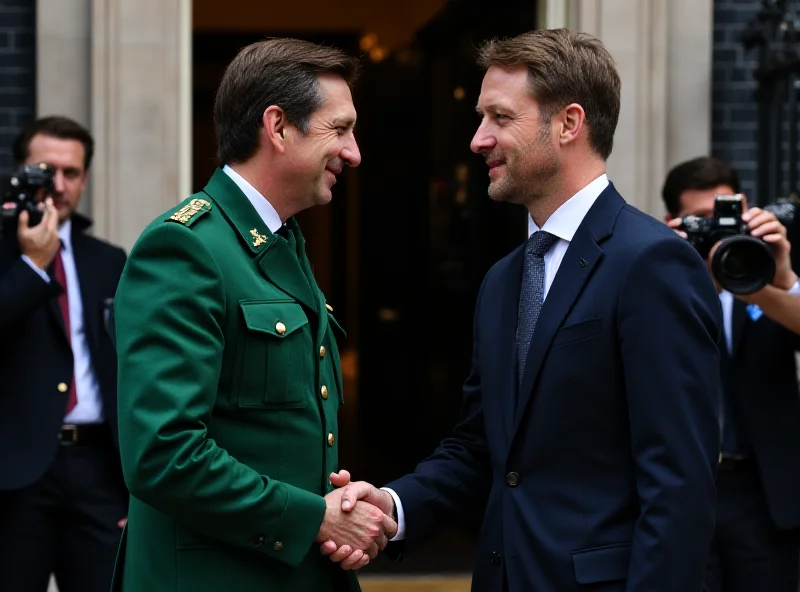 Volodymyr Zelenskyy shaking hands with Keir Starmer in front of Downing Street.