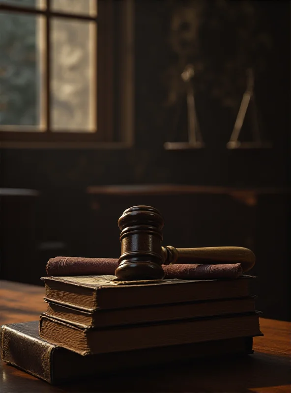 Gavel resting on a stack of legal books in a dimly lit courtroom.