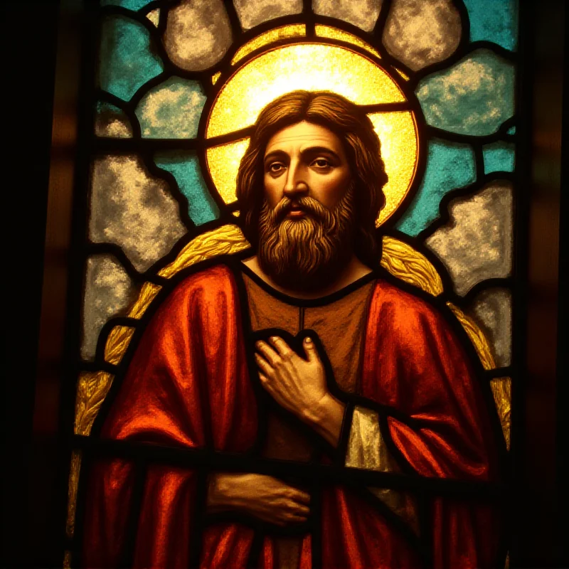 A stained glass window depicting a saintly figure, bathed in soft light.