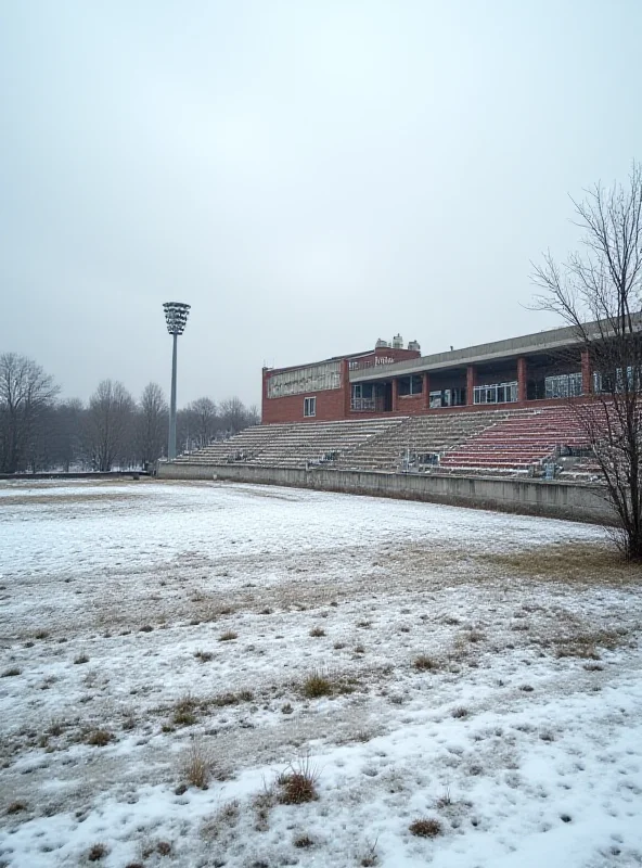 Exterior shot of the Žilina winter stadium, looking slightly aged and in need of repair.