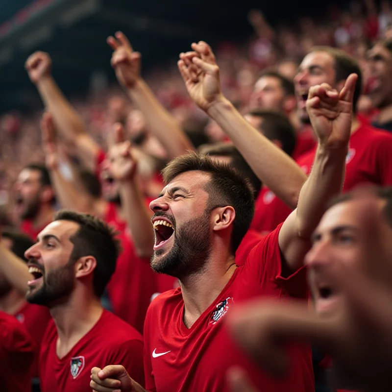 A diverse group of Žilina sports fans cheering enthusiastically at a game, showing their support for the team.